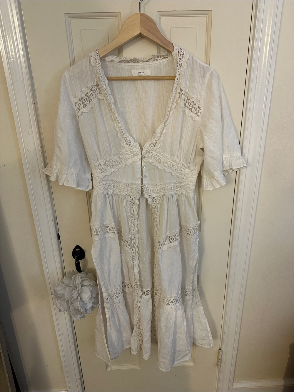 Cream Embroidered Lace-Trim Top